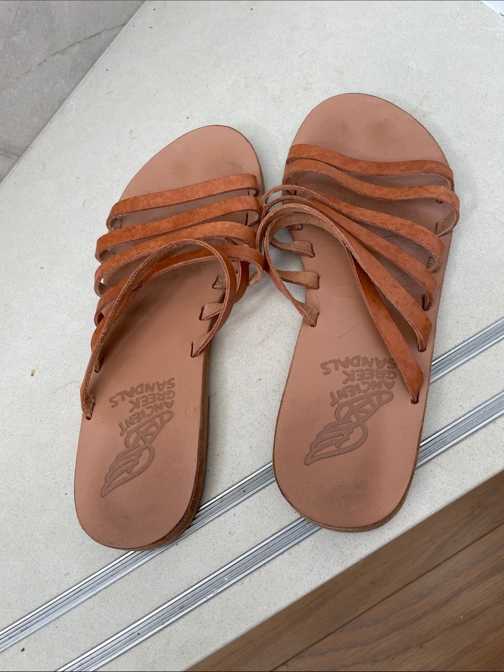 Ancient Greek Sandals Cognac Leather Multi-Strap Slide Sandals